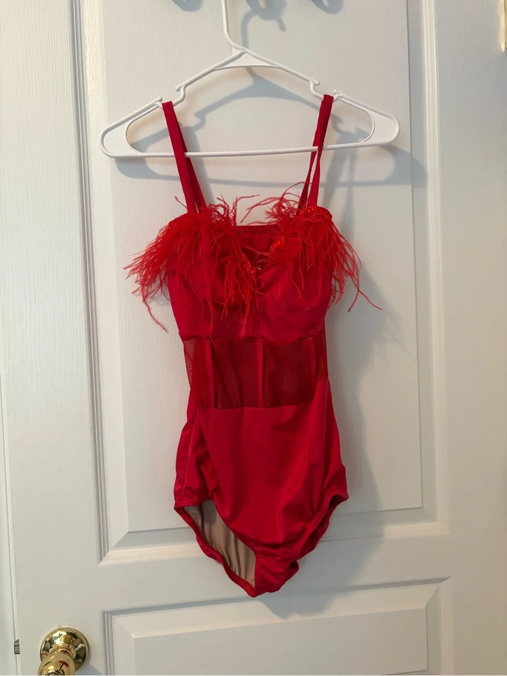 Red Feather Trim Girls' Dance Costume Leotard